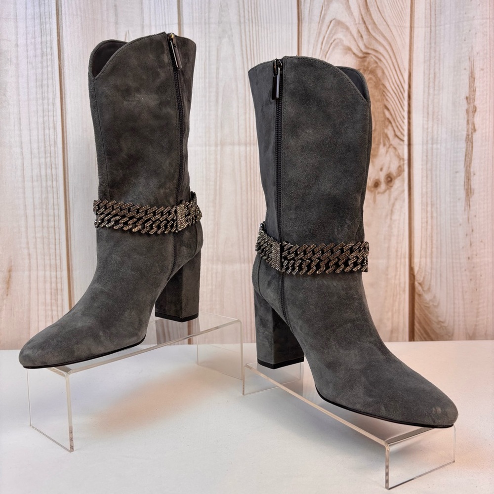 WHBM Suede Boots Chain Bracelet Chunky Mid Heel Boot Smoked Pearl Size 6 - Picture 6 of 16